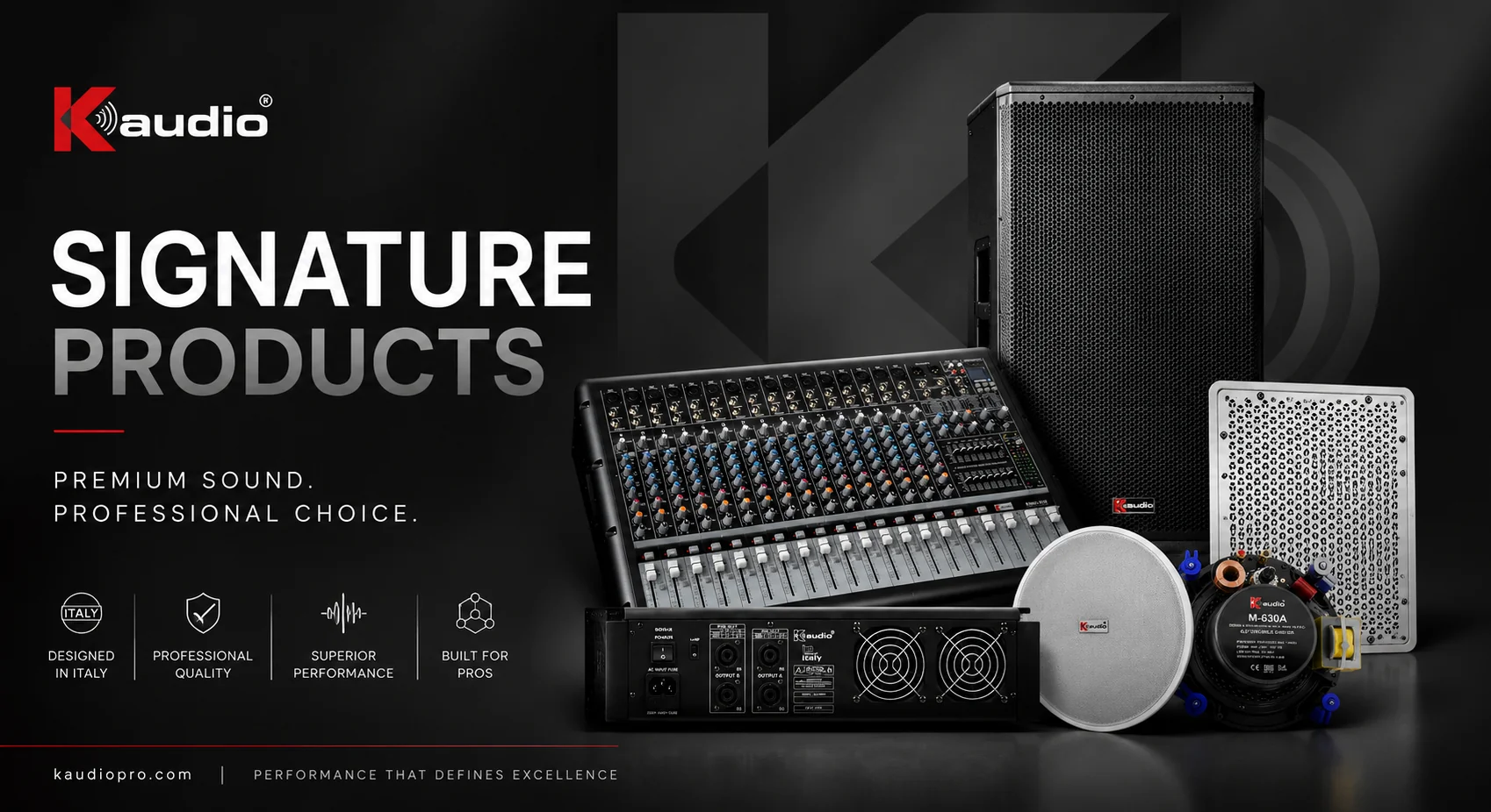 K-Audio Pro Signature Products — mixer, speaker, ceiling speaker and driver